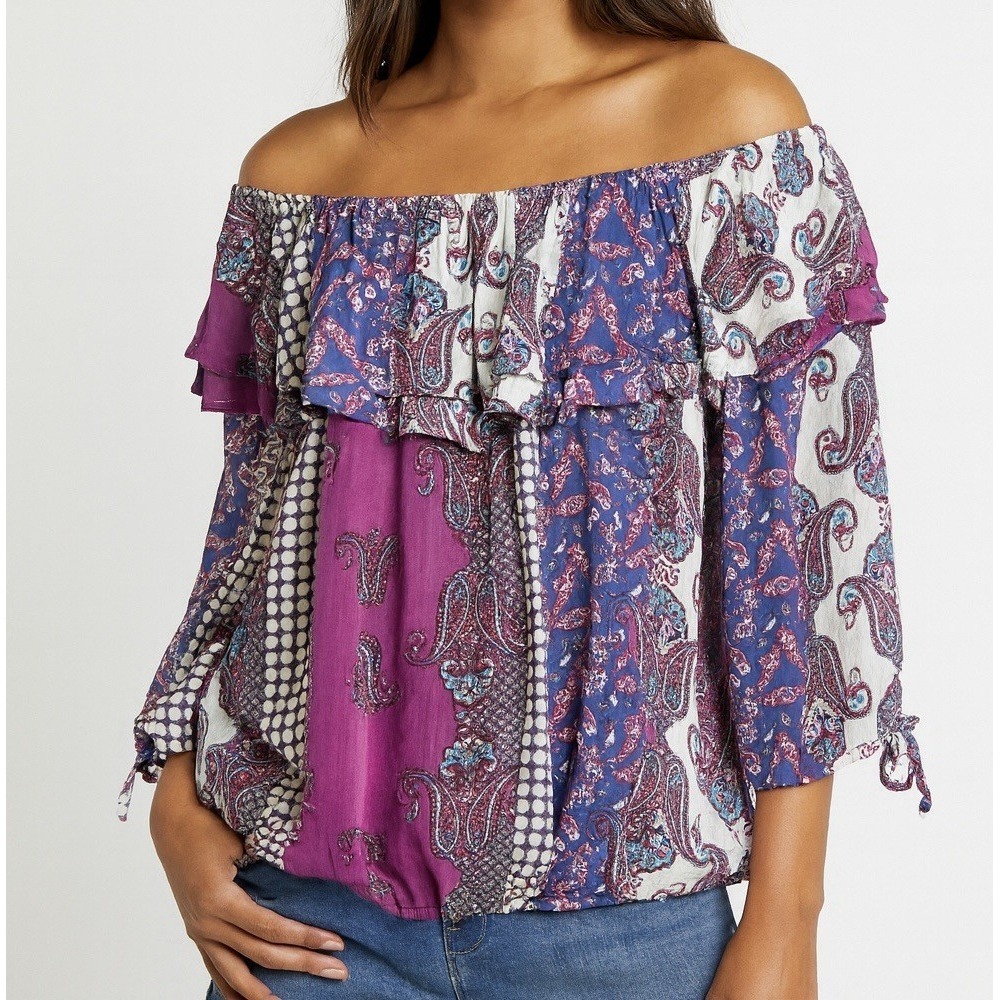 REBA WESTERN SPIRIT Boho Off The Shoulder Top‎ Pink Blue Pullover Size XL